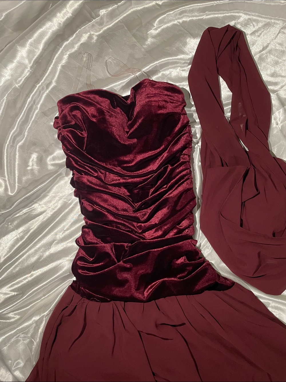 Strapless Burgundy Ruched Satin and Chiffon Evening Dress